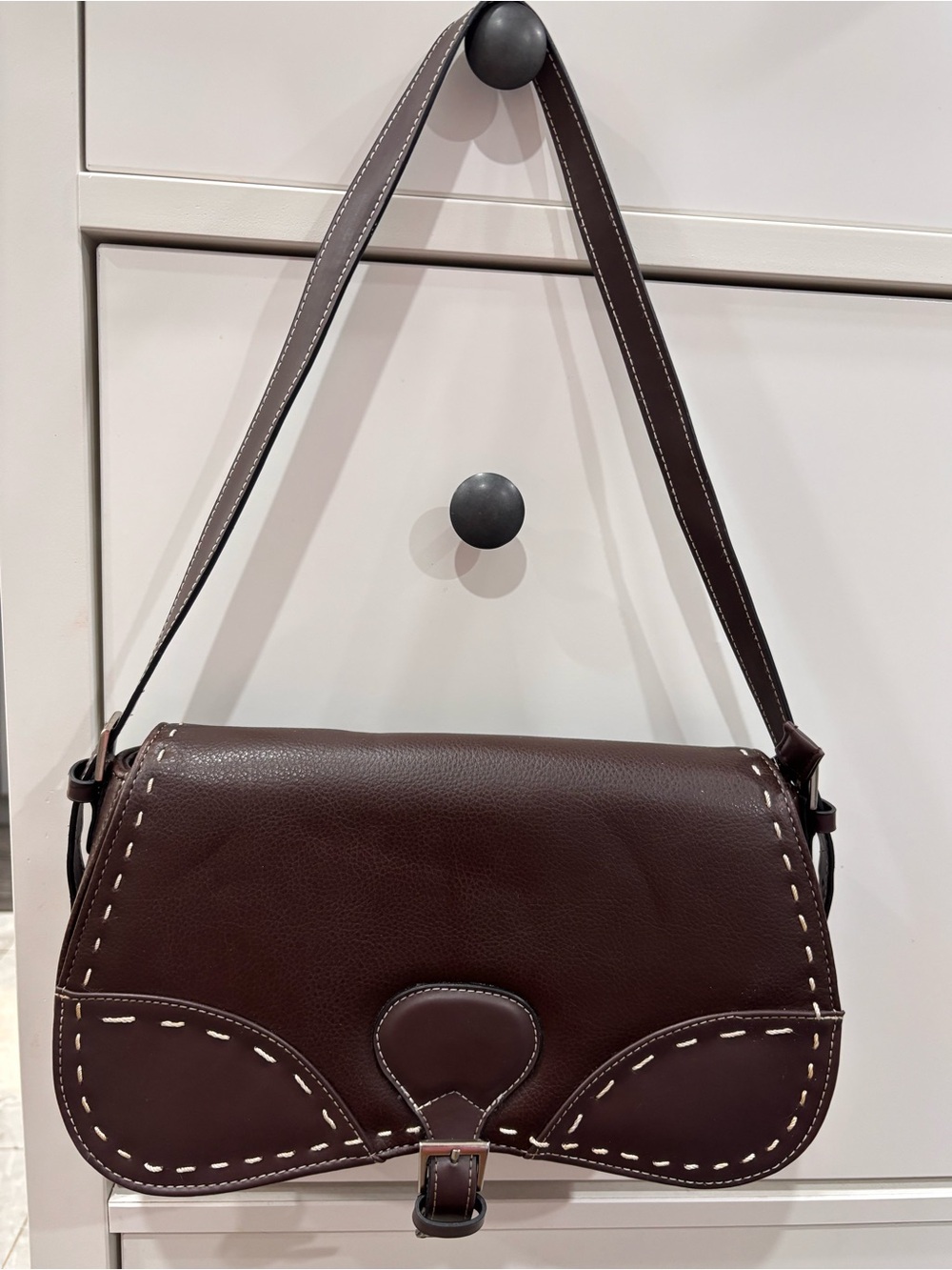Women's Dark Brown Leather Shoulder Bag with Contrast Stitching